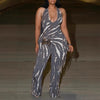 HLJ Sexy Striped Print Tassel Patchwork Bodycon Jumpsuit Women Halter Backless Skinny Rompers Female Party Clubwear Overalls New