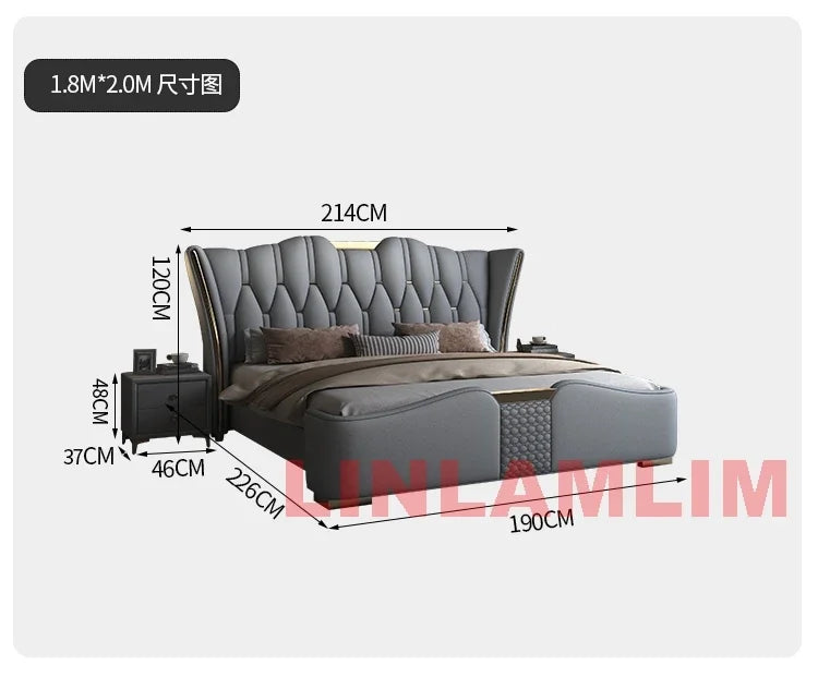 MINGDIBAO Luxuriöses, modernes Polsterbettgestell mit Goldakzenten, Designer-Bett aus echtem Leder, Schlafzimmermöbel in Queen-/King-Size