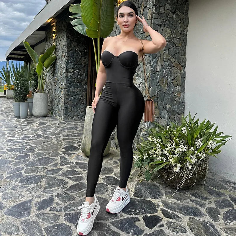 Black White Red Streetwear Tunics High Waist Overalls New Women Backless One Piece Jumpsuits Sexy Sleeveless Strapless Playsuits