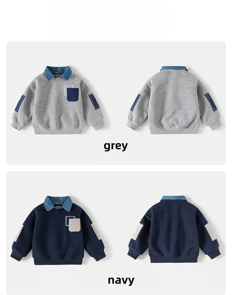 Spring Children Clothes Sweatshirt for Boys Denim Collar Fleece Pullover with Patch Pocket Casual Kids Top Long Sleeve T-shirt