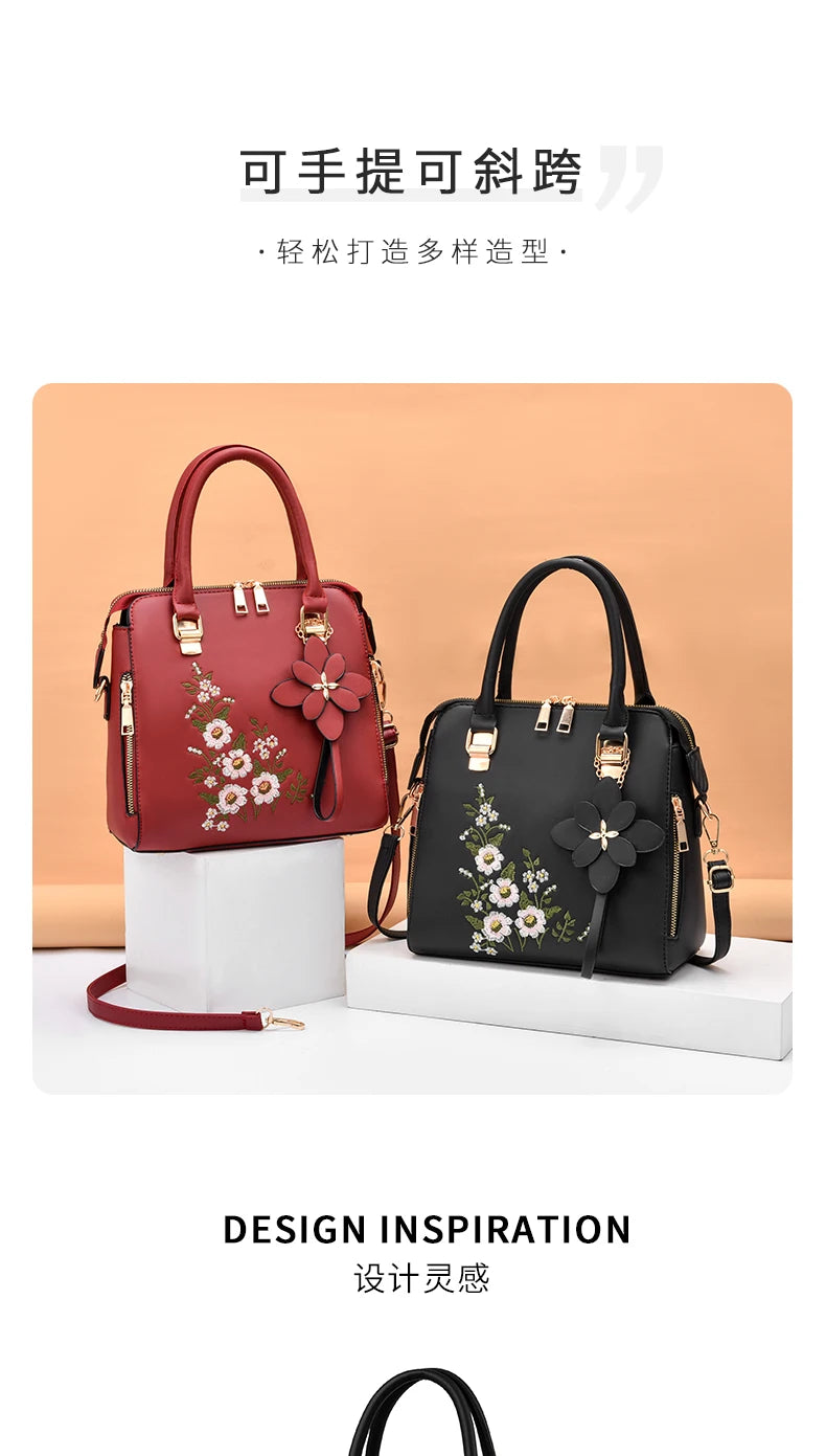 Floral Detail Shoulder Bag, Trendy Zipper Handbag For Work, Casual Crossbody Bag, Women's Floral Decor Purse