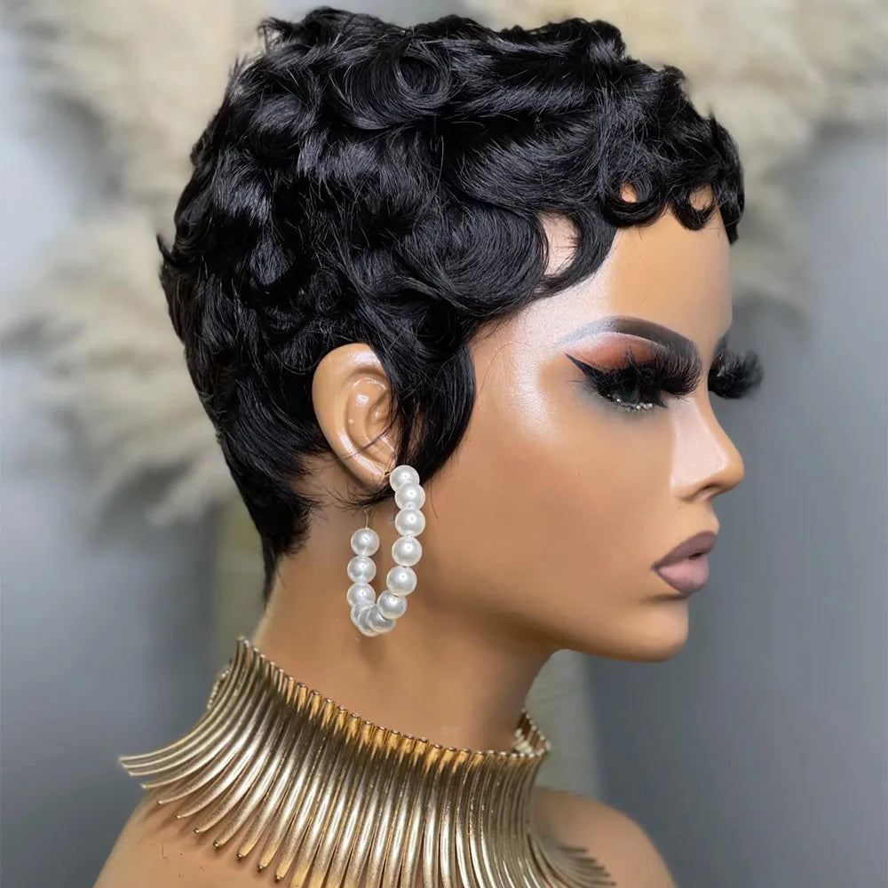 Lockige Pixie-Cut-Perücken, kurze Echthaarperücke für schwarze Frauen, natürliche schwarze gewellte Bob-Perücke, glueless, Remy-Haar, komplett maschinell gefertigte Perücke