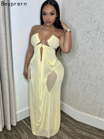 Beyprern Sexy Rhinestone Chain Halter Backless Maxi Dress Women 2026 Summer Cut Out Ruched Club Vestidos Bodycon Long Dresses