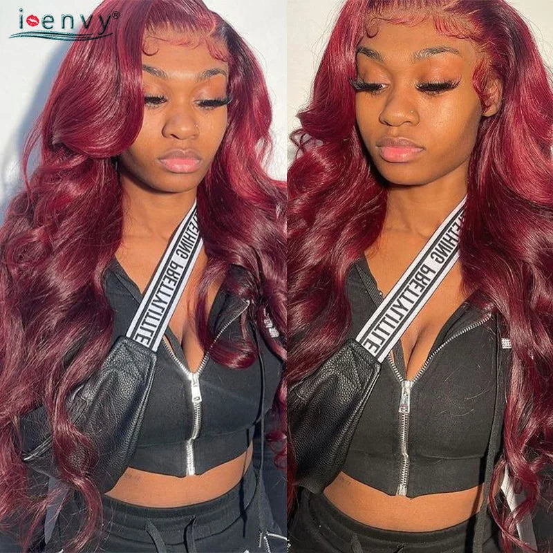 13X4 HD Transparente Lace Front Perücken Burgunderrote Echthaarperücken Vorgezupft 30 Zoll Body Wave Lace Front Perücken für Frauen Gelockt