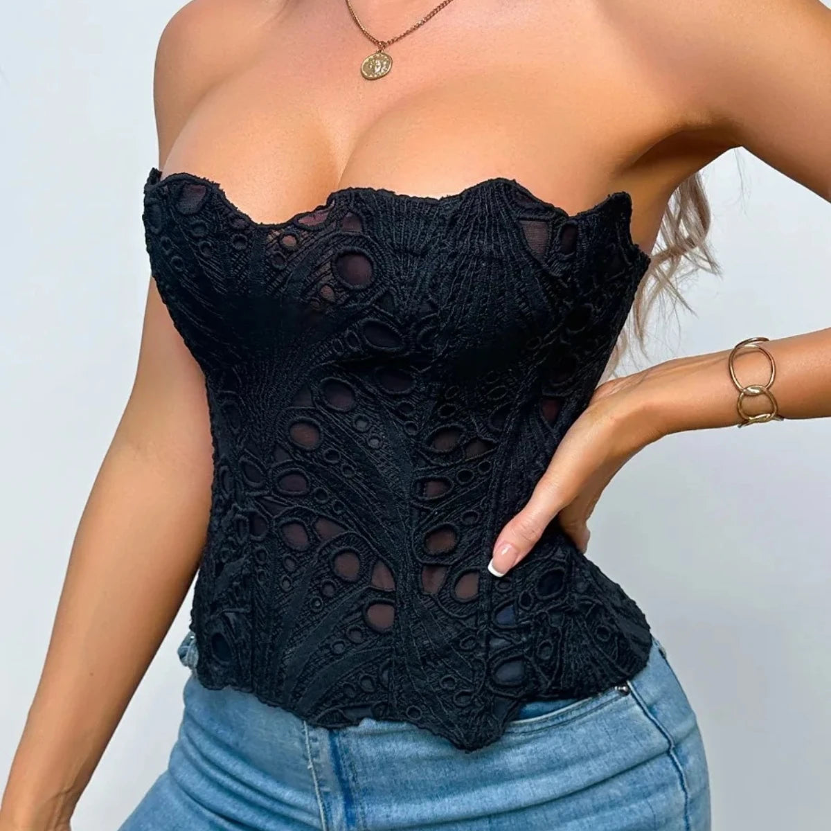 Hollow Out Corset Tops Irregular Hem Fishbone Underbust Top Slim Bandage Shapewear Bustier Korset Costumes Evening Party Corset