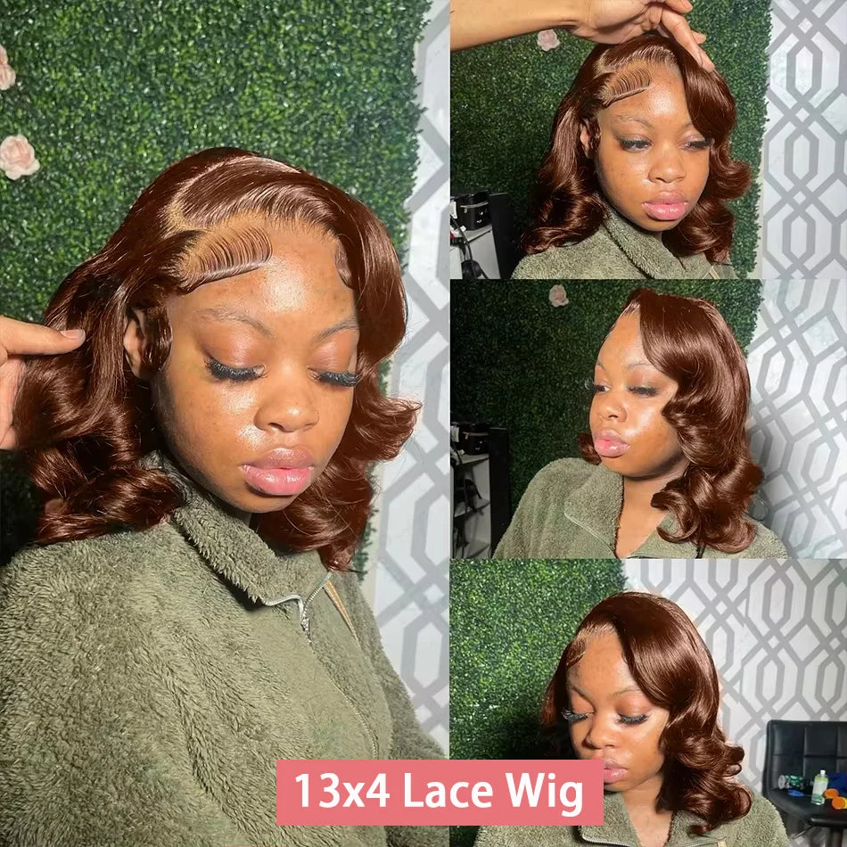 Loose Wave Chocolate Brown Short Bob Wigs 250% Density 13x4 HD Lace Front Wig 100% Human Hair Body Wave Bob Wigs For Women