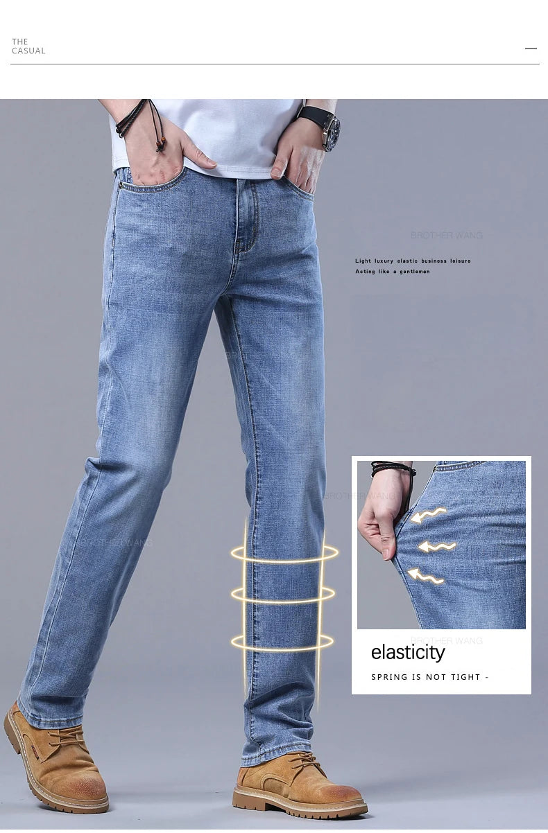 Frühlings Herren Hellblaue Slim Jeans Stylische Lässige Stretch Denim Hose Klassische Chinohose Rauchgrau