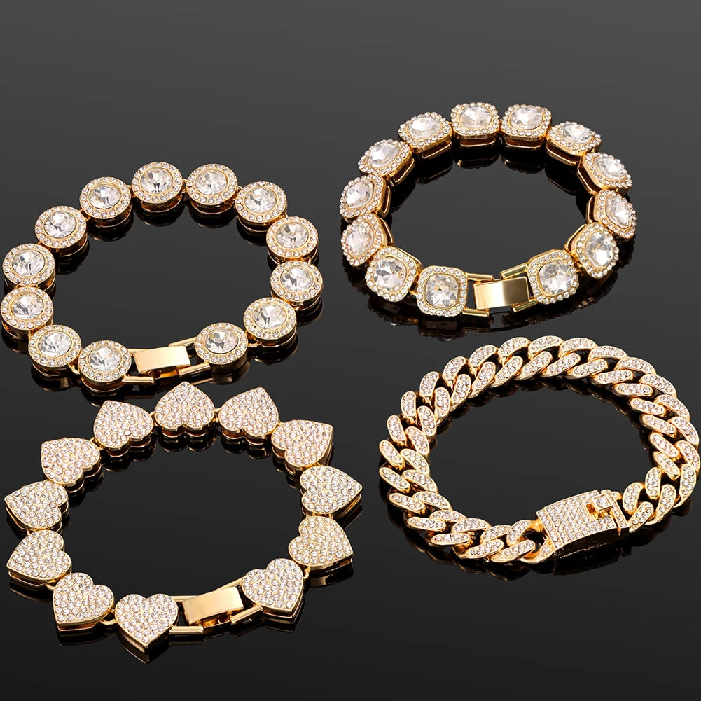 Iced Out Pink Cuban Armband für Frauen Hip Hop Gold Silber Farbe Kristall Herz Kreis Quadrat Armband 4Pcs Set Schmuck Geschenk