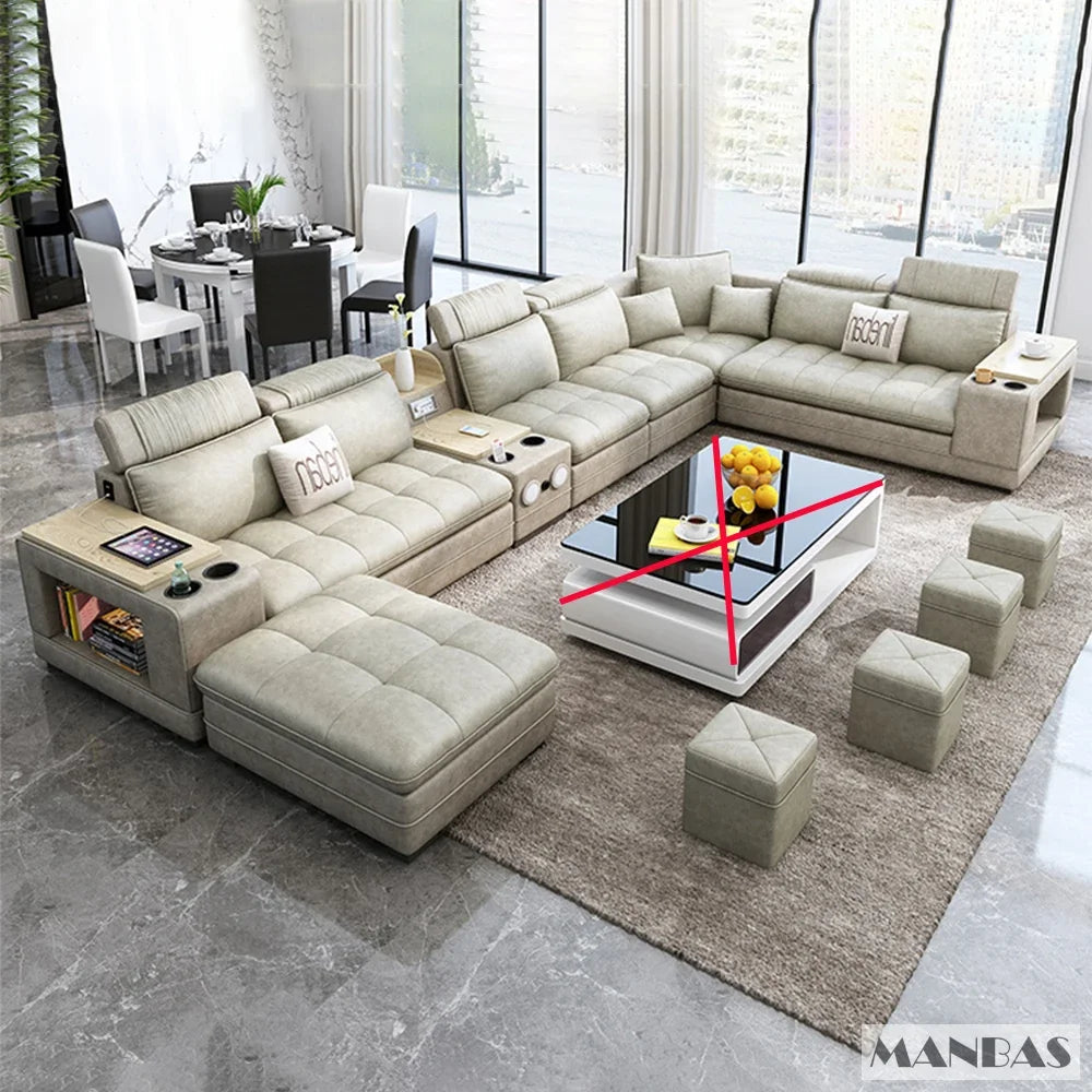 MINGDIBAO Nordische Stoff-Sofagarnitur mit Bluetooth-Lautsprecher & USB – Modernes Modulares Wohnzimmer-Sofa, Großes U-förmiges Ecksofa aus Stoff