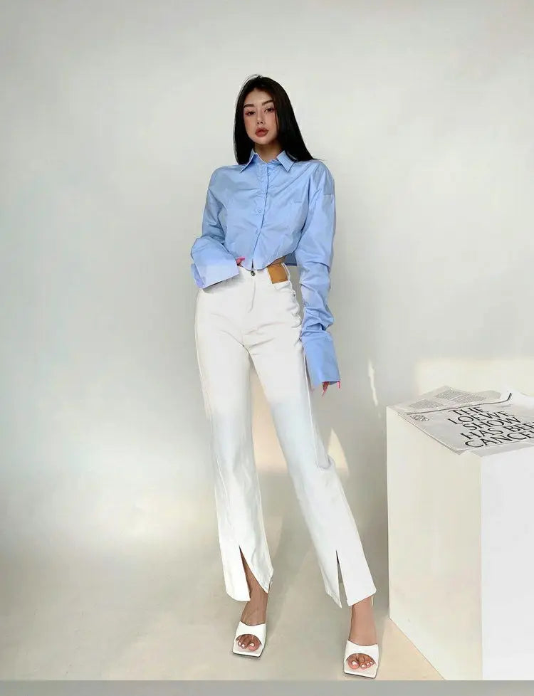 Zadily 2025 Summer Korean Style Long Sleeve White Shirt Women Sexy Button Ladies Crop Tops Blouse Street New In Female Clothing