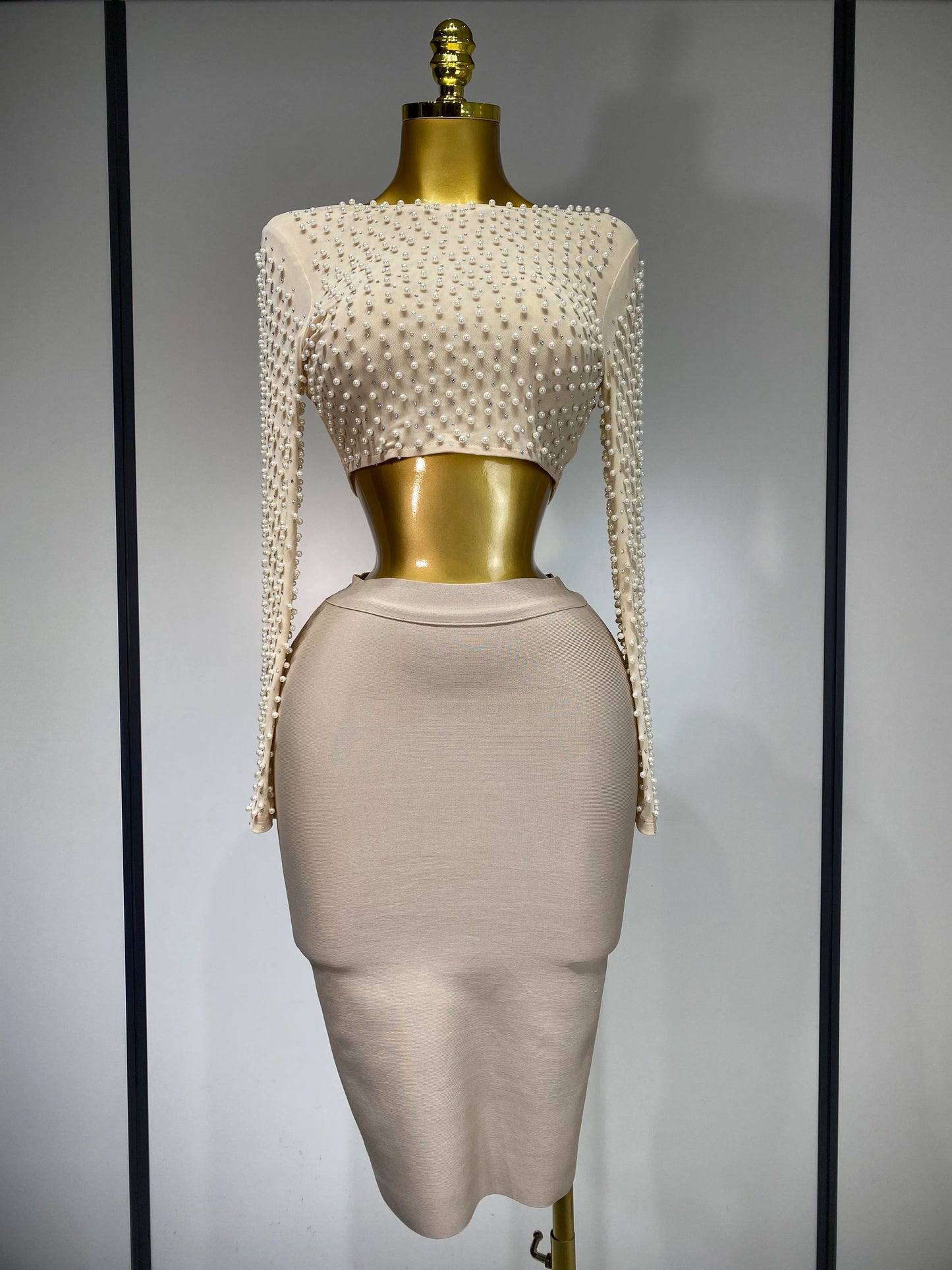 Damen Sexy Langarm Mesh Perlen Top Celebrity Midi Damen Bandage Set 2025 Designer Abendparty Luxus Geburtstag Zweiteiler Set