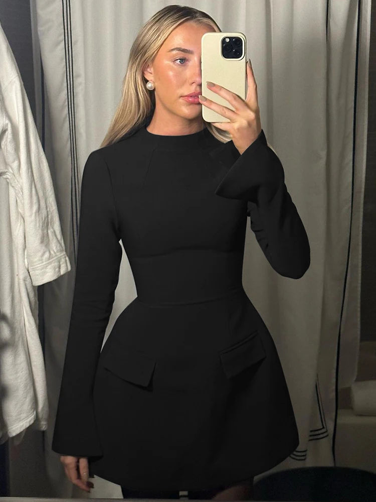 Dulzura Langarm Reißverschluss Bodycon Minikleid mit Taschen Einfarbig Elegantes Outfit Büro Streetwear Damen Herbst Winter Kleidung