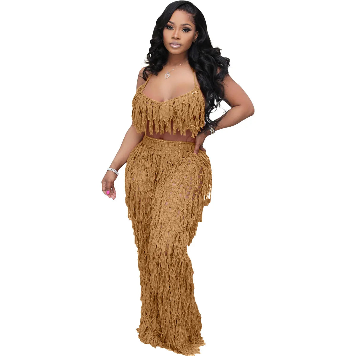 FAGADOER Sexy Hollow Out Tassels Pants Two Piece Sets Women Halter Sleeveless Backless Crop Top + Pants Outfit Female Streetwear
