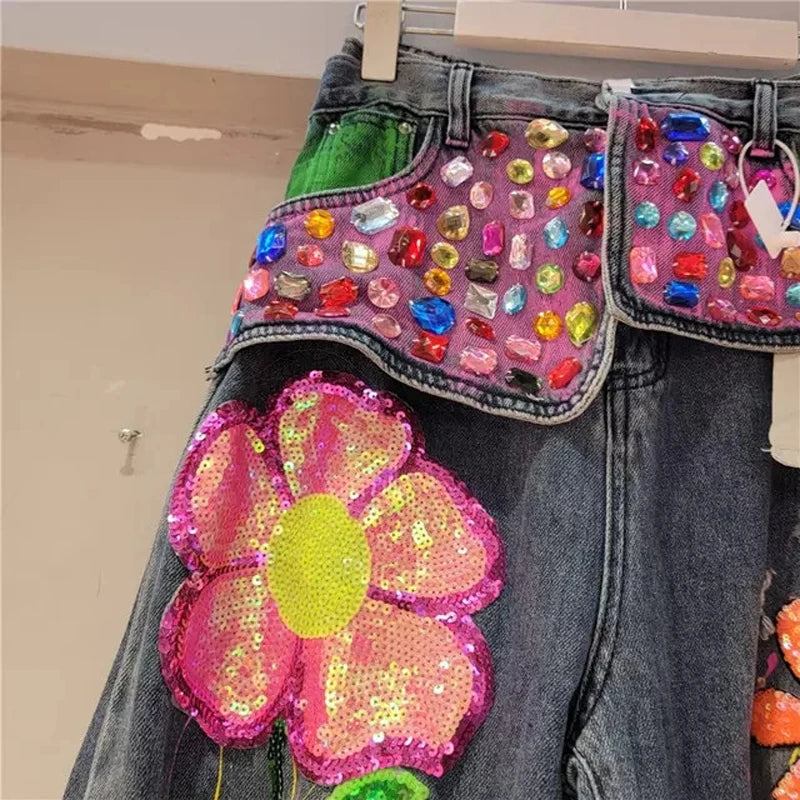 Fashion Rhinestone Washed Ripped Graphic Jeans Street Style Women's Denim Pants High Waisted Beaded Sequin Straight-Leg Jean