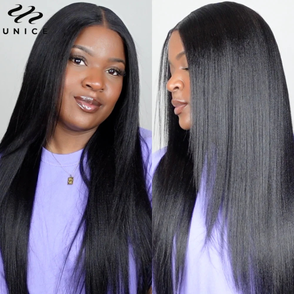 UNice Hair Yaki Straight V Part Wig 100% Human Hair V Shaped Wig Upgrade U Part Wig No Sew In Clip In Half Wig Read To Wear Go