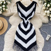 Joskaa 2025 Women's Striped Patchwork Knitted V-Neck Sleeveless Bodycon Asymmetric Fringe Hem Dress Holiday Beach Streetwear