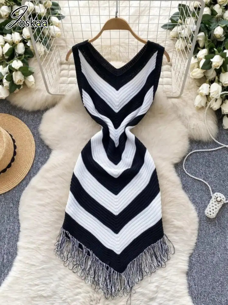 Joskaa 2025 Women's Striped Patchwork Knitted V-Neck Sleeveless Bodycon Asymmetric Fringe Hem Dress Holiday Beach Streetwear