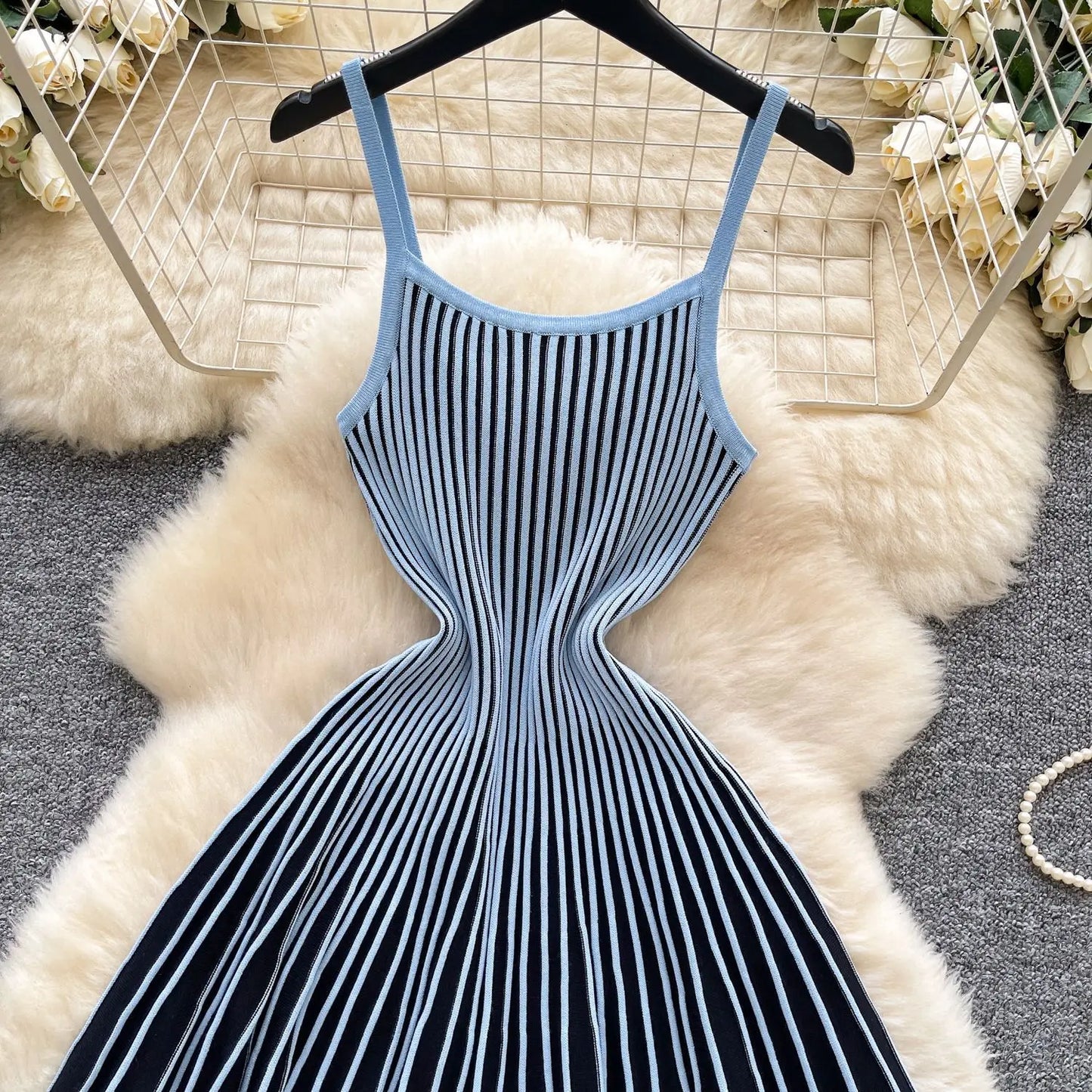 Joskaa 2026 Autumn Retro Striped Knit Dress Women Elegant Pleated Waist Slim Low Cut Sleeveless A-line Slip Dress Streetwear