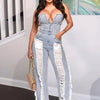 Sibybo Quaste Hollow Out Overalls für Damen Nieten Strass Trägerlos Rückenfrei Jeans Street Fashion Trend Jumpsuit Femme