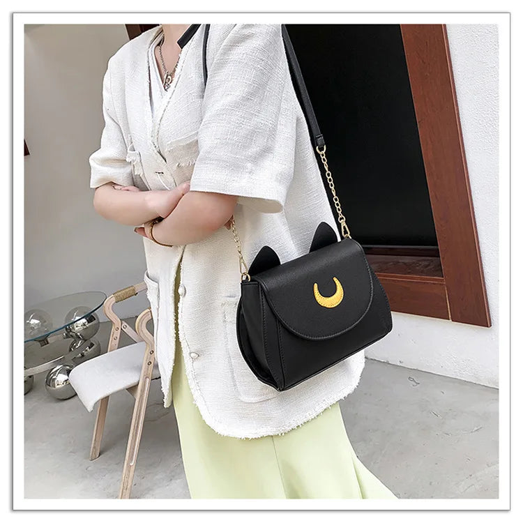Summer Sailor Moon Ladies Handbag Black Luna Cat Shape Chain Shoulder Bag PU Leather Women Messenger Crossbody Small Bag Purses