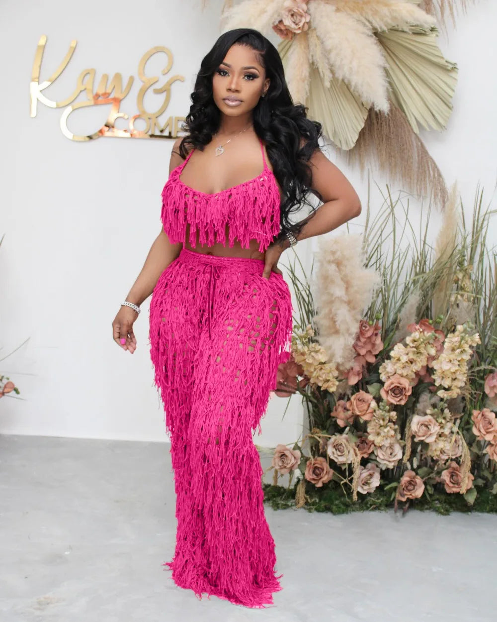 FAGADOER Sexy Hollow Out Tassels Pants Two Piece Sets Women Halter Sleeveless Backless Crop Top + Pants Outfit Female Streetwear