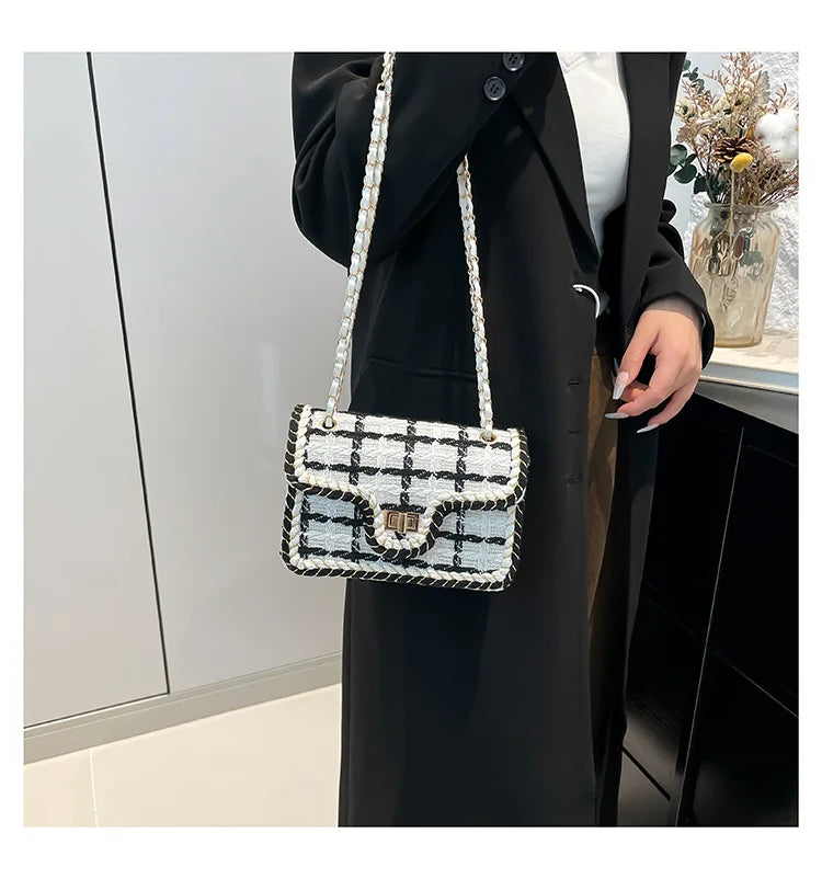 Schwarz-weiß karierte lässige Umhängetasche Umhängetasche Damen Schultertaschen Handtaschen mit oberem Griff Modische quadratische Tasche