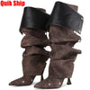 GIGIFOX Kniehohe Stiefel mit Umschlag für Damen Stiletto High Heels Spitz zulaufende Zehenpartie Reißverschluss hinten Verstellbare Schnalle Halbwadenhohe Stiefel