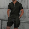 2025 Men Europe and the United States new summer Waffle solid color zip-up lapel short-sleeve suit shorts two sets