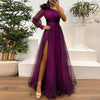 Vintage Blumenmuster Langarm High Waist Langes Kleid Sexy Asymmetrisches Mesh Abendkleid Neu Ein-Schulter-Ärmel Falten Brautjungfernkleid