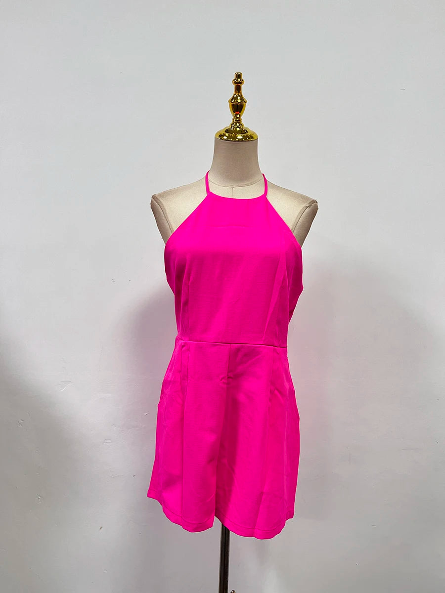 TWOTWINSTYLE Solid Office Playsuit for Women Halter Sleeveless High Waist Patchwork Bandage Backless Playsuits Female Fashion