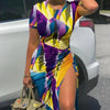 Trendy Printed Slim Midi Dresses Women Fashion Package Hip Bodycon Short Sleeves Drawstring Slit Dress Casual Ladies Streetwear