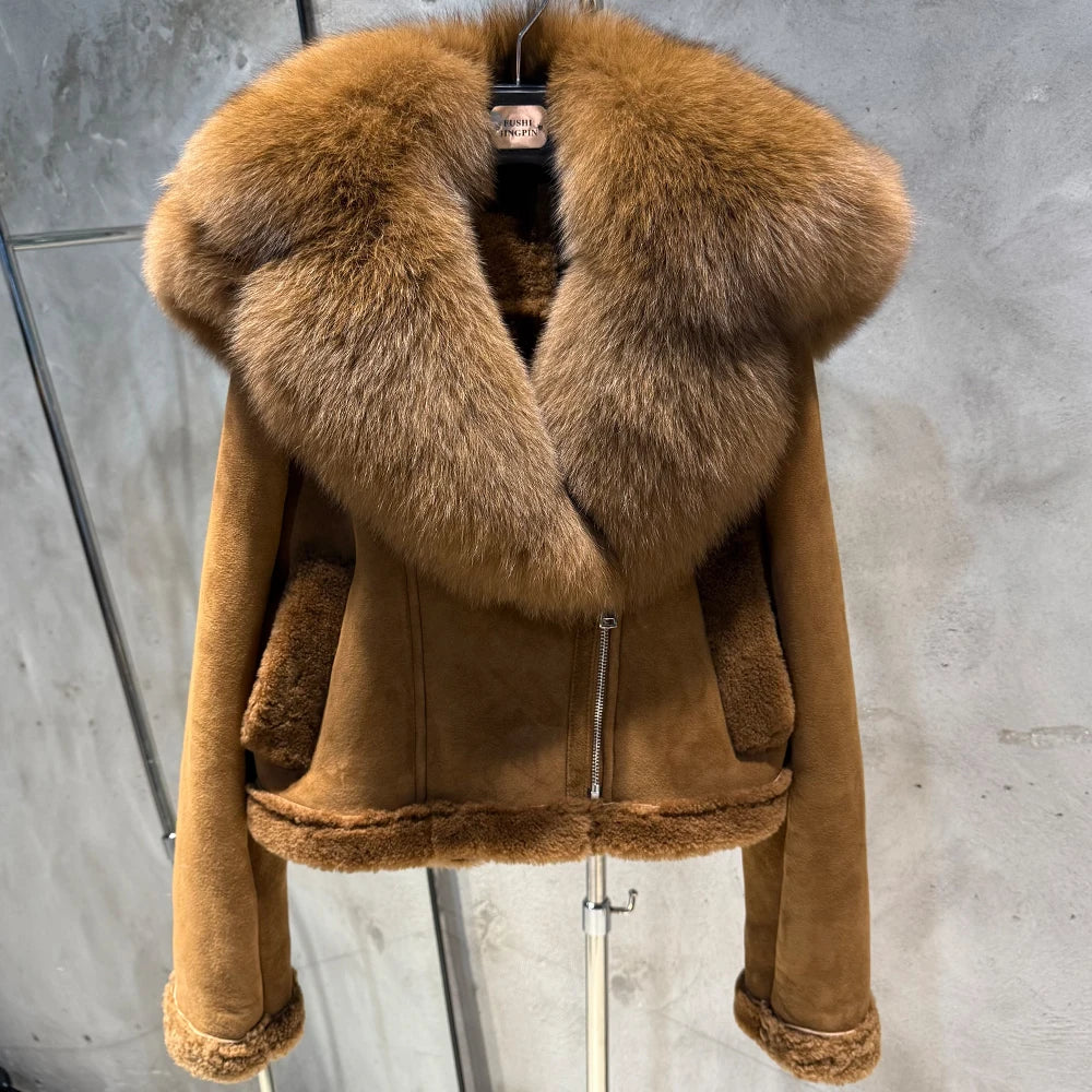 21-25Shearling Jacket women's shearling Cloth With Big Fur Collar and Hooded