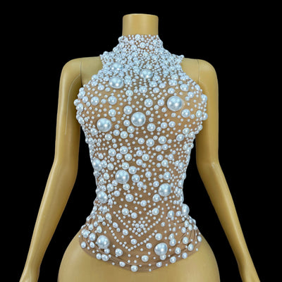 Nightclub Big Pearls Bandage Top Collection Party Shiny Rhinestones Sexy  Backless Singer Dancer Show Party Show Costume dazhu