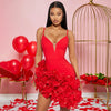 Damen Rüschen Ärmelloses Bodycon Mini-Faltenkleid Party Elegant Kurze Abendkleider Luxus Sexy Geburtstag Rotes Ballkleid