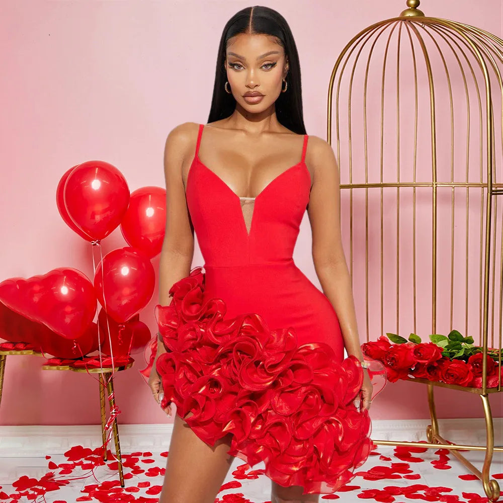 Damen Rüschen Ärmelloses Bodycon Mini-Faltenkleid Party Elegant Kurze Abendkleider Luxus Sexy Geburtstag Rotes Ballkleid
