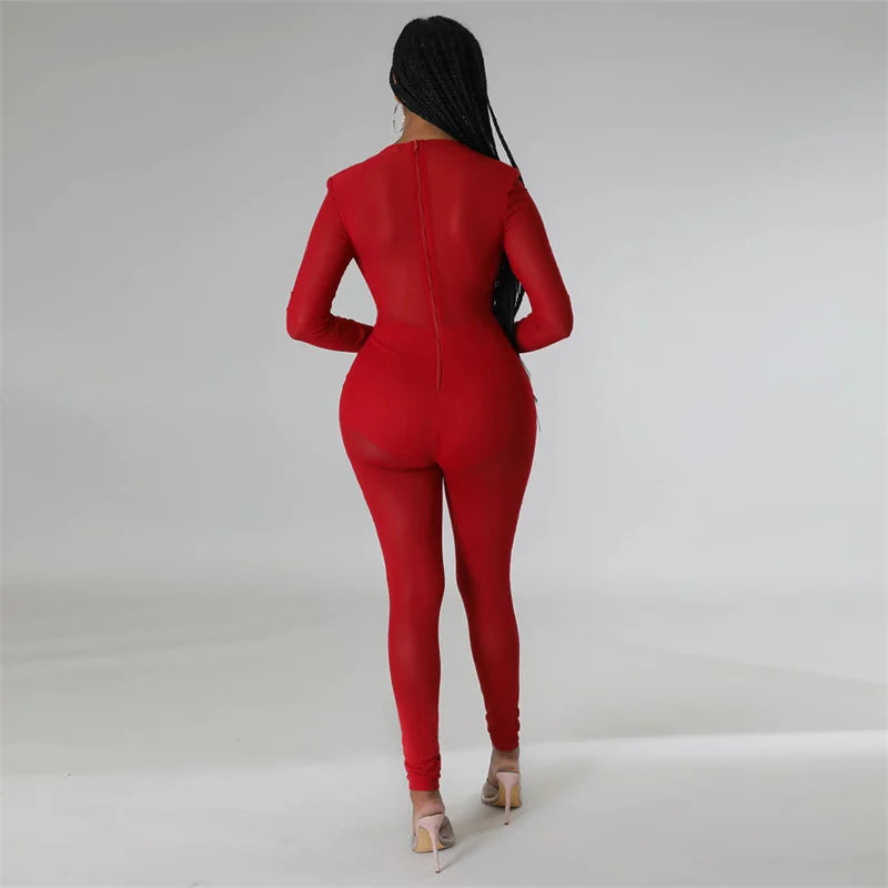 Sexy Mesh Patchwork Transparenter Club-Bodycon-Jumpsuit für Damen, durchsichtiger Einteiler-Overall, Clubwear, Party-, Geburtstagsoutfits