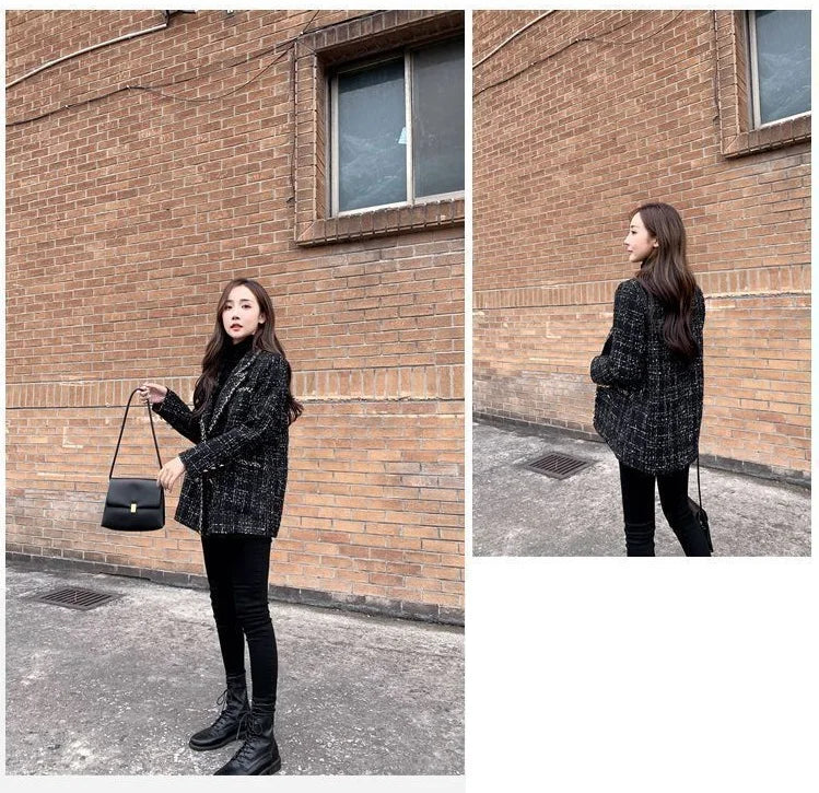Tweed-Karo Anzugjacke Damen Oberbekleidung Lockerer Mittellanger Zweireihiger Freizeit-Wollblazer Top 2024 Frühling Herbst Neuer Schicker Anzug