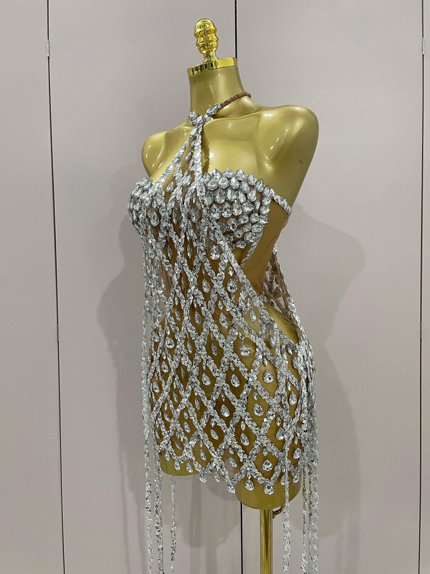 Sexy Sparkly Sequin Diamond Mesh Transparent Two Piece Set Women Celebrate Evening Party Birthday Dress Stage Photo Shoot Wear