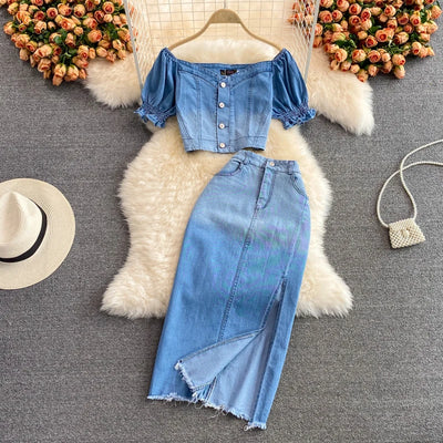 Women Denim 2 Piece Sets Long Skirt Top Suit Skirts Tops Single Breasted Outfits Washed Distressed 2025 Summer Casual Ensemble