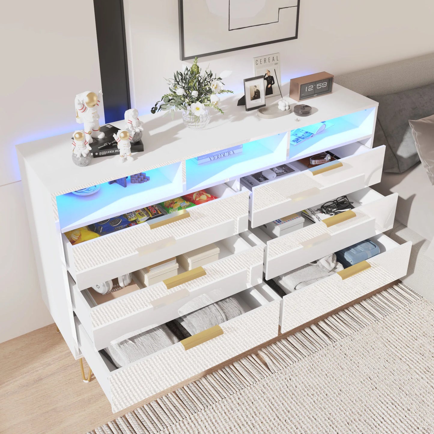 Kommode mit 6 Schubladen für Schlafzimmer mit LED-Beleuchtung, Hochglanz-Kommode mit Metallfüßen, moderner Holzschrank-Aufbewahrungsorganisator