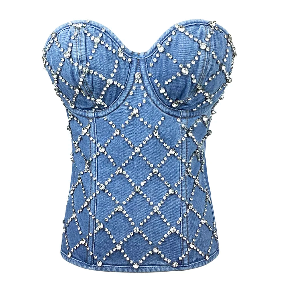 SXTHAENOO Damen Sexy Fashion Crop Top Diamant Blume Trägerloses Bustier Top BH Nachtclub Party Tank Top Weiblich Ropa De Mujer