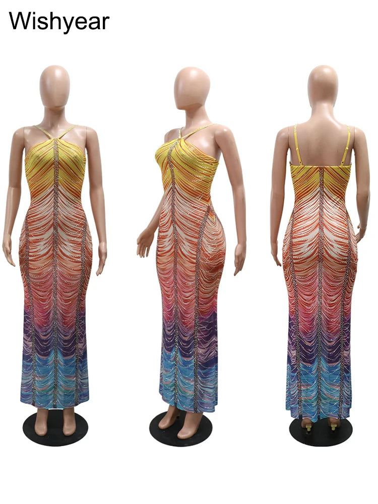 Neue Gradient Strass Tie-Dye Print Neckholder Meerjungfrau Lange Kleider Damen Rückenfrei Ärmellos Schmal Geburtstagsparty Abschlussball Vestidos