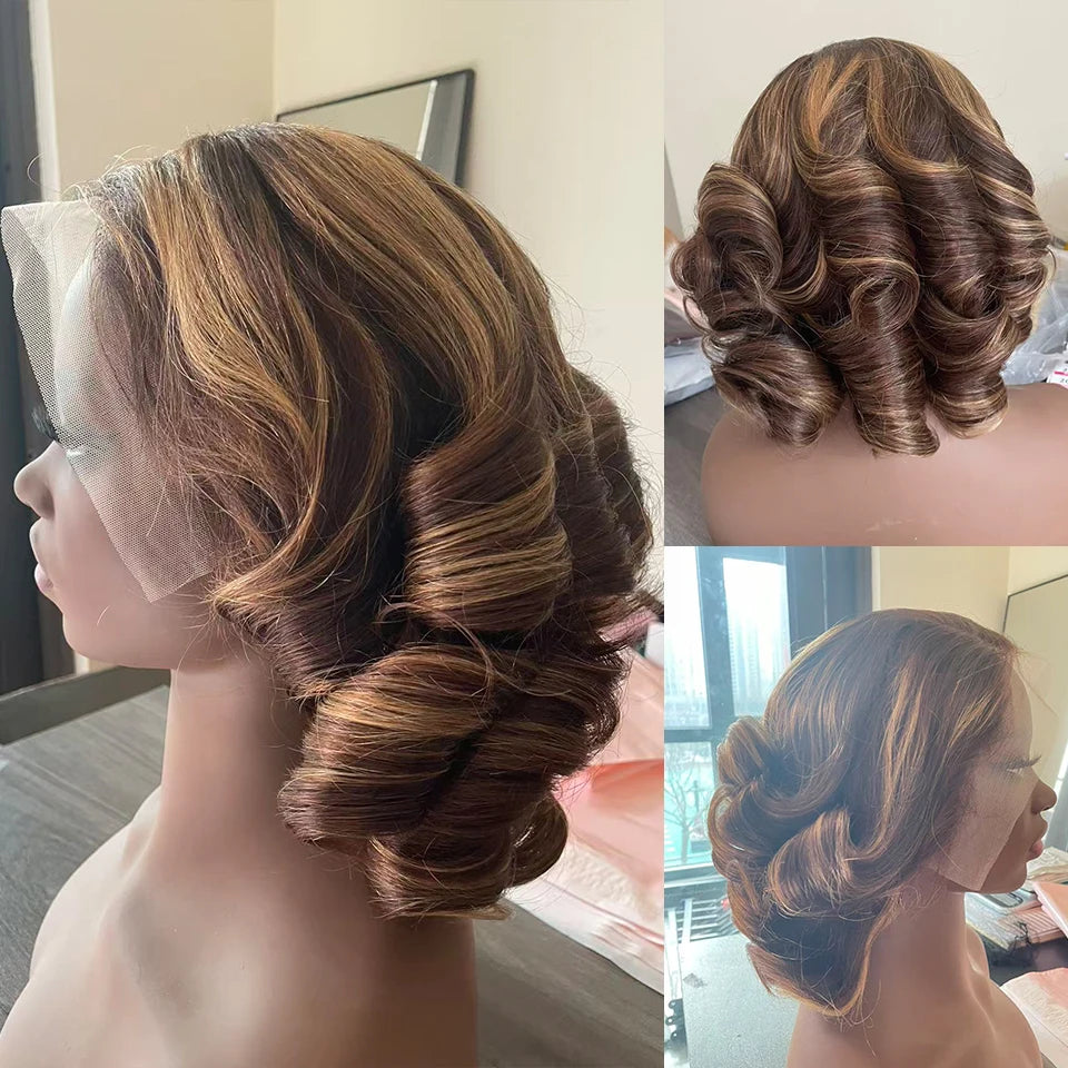 4/350 Highlight Loose Fumi Human Hair Wigs Short Loose Bouncy Curly Bob Wigs 13x4 Lace Front Wear to go Glueless Wigs For Women