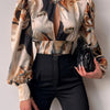 Spring Women Sexy Backless Hollow Print Shirts Tops 2024 Casual Stand Long Sleeve Office Lady Blouses Fashion Party Crop Top