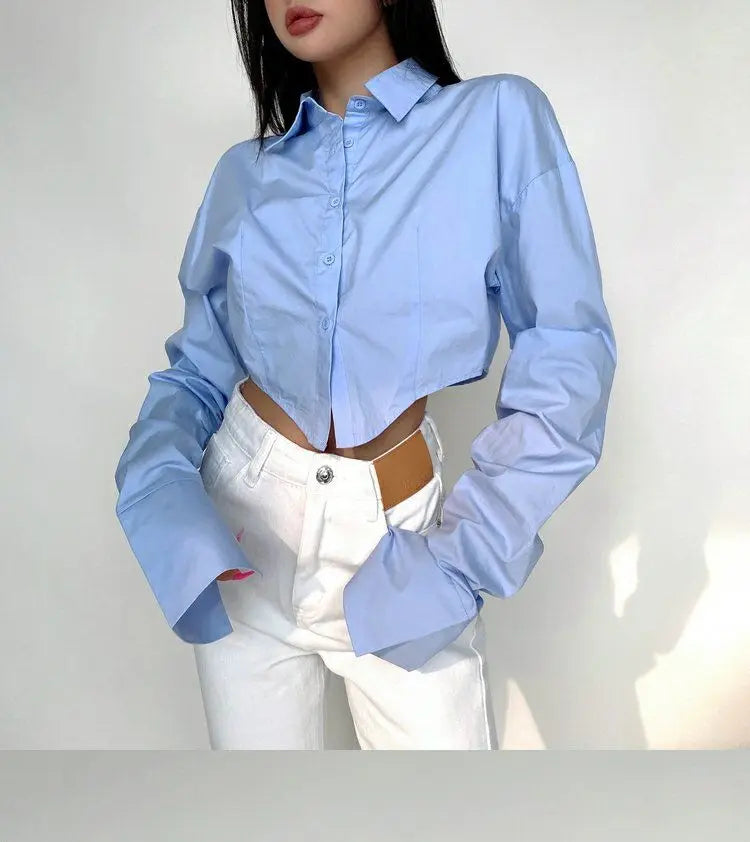 Zadily 2025 Summer Korean Style Long Sleeve White Shirt Women Sexy Button Ladies Crop Tops Blouse Street New In Female Clothing