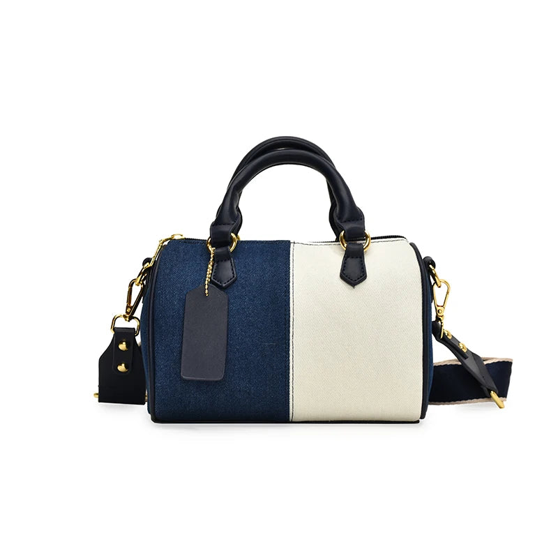 Patchwork Colorblock Mini Handbags For Women Denim Shoulder Cross Body Bags Casual Street Small Boston Bag 2024 Designer Purses