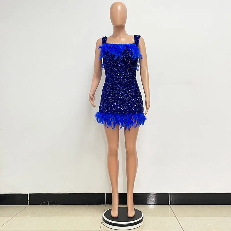 Damen Partykleid Ärmellos Glänzende Pailletten Feder Abendkleid Sexy schulterfrei rückenfrei Mini Formelle Ballkleider HXY8