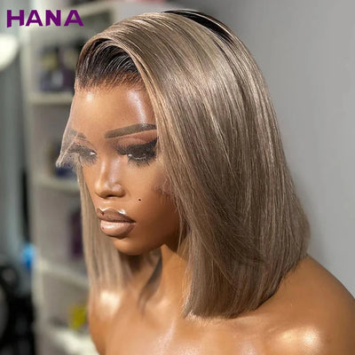 Ombre Aschblond mit braunen Wurzeln gefärbte kurze Bob-Perücke 13x4 Lace-Front-Perücke 180 % Dichte glatte Echthaar-Perücke für schwarze Frauen