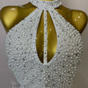 Women Luxury Rhinestones Pearls Feathers Halter Backless Short Dress Women Sexy Celebrate Birthday Dress Nightclub Stage Costume