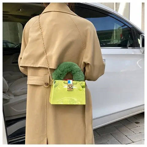 Faux Fur Top Handle Acrylic Party Box Clutch Fashion Purses and Handbags for Women Designer Evening Bag Chain Shoulder Bag